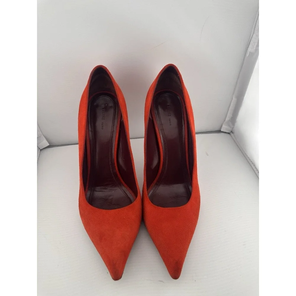 Celine Orange-Red‎ Suede Pointed Toe Stiletto Heel 39 US 8.5 Boss Power Preppy - Picture 2 of 11